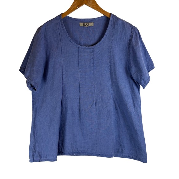 Flax Tops - FLAX Womens Blue 100% Linen Short Sleeve Scoop Neck Boxy Top